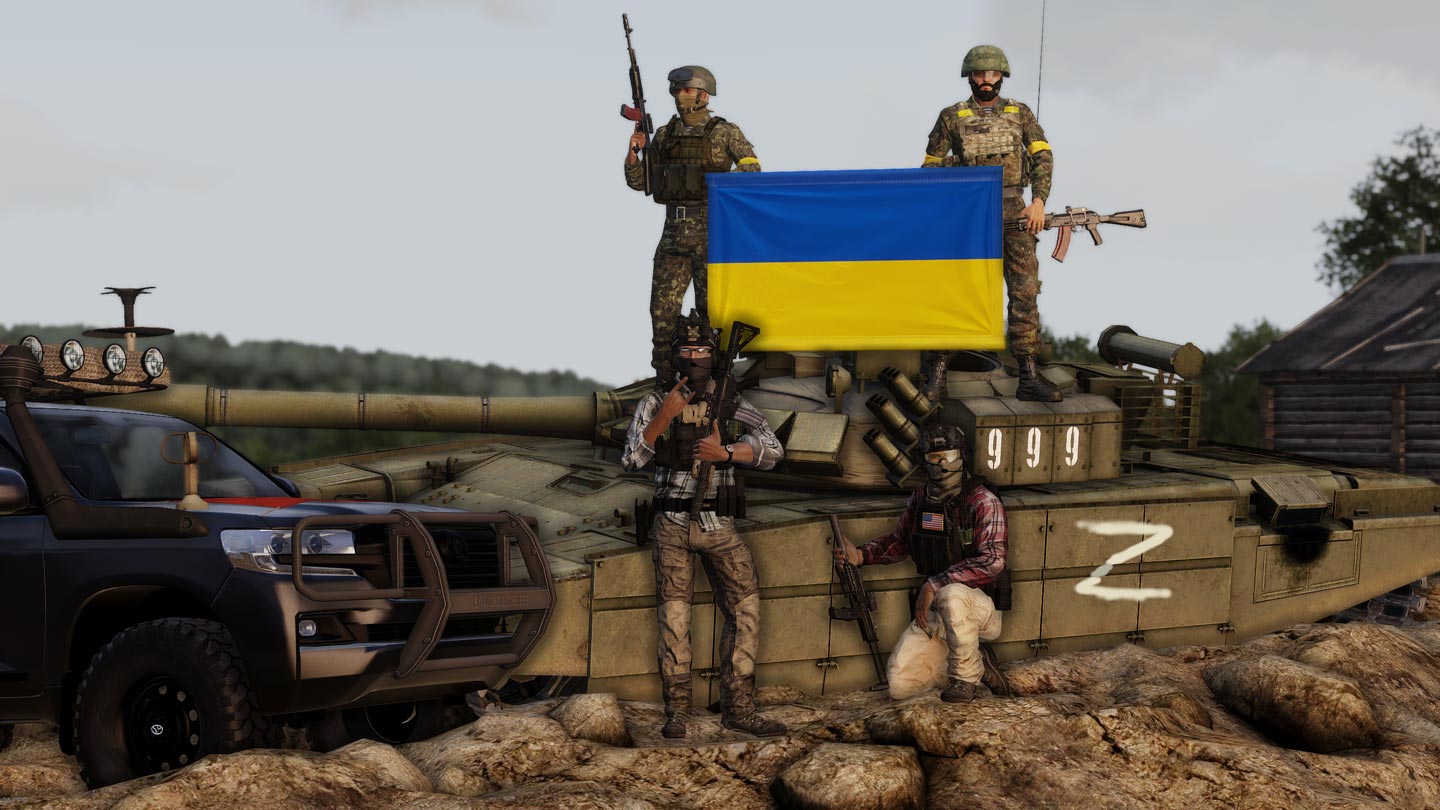 1st Red Squadron members holding a Ukrainian flag in front of a tank.